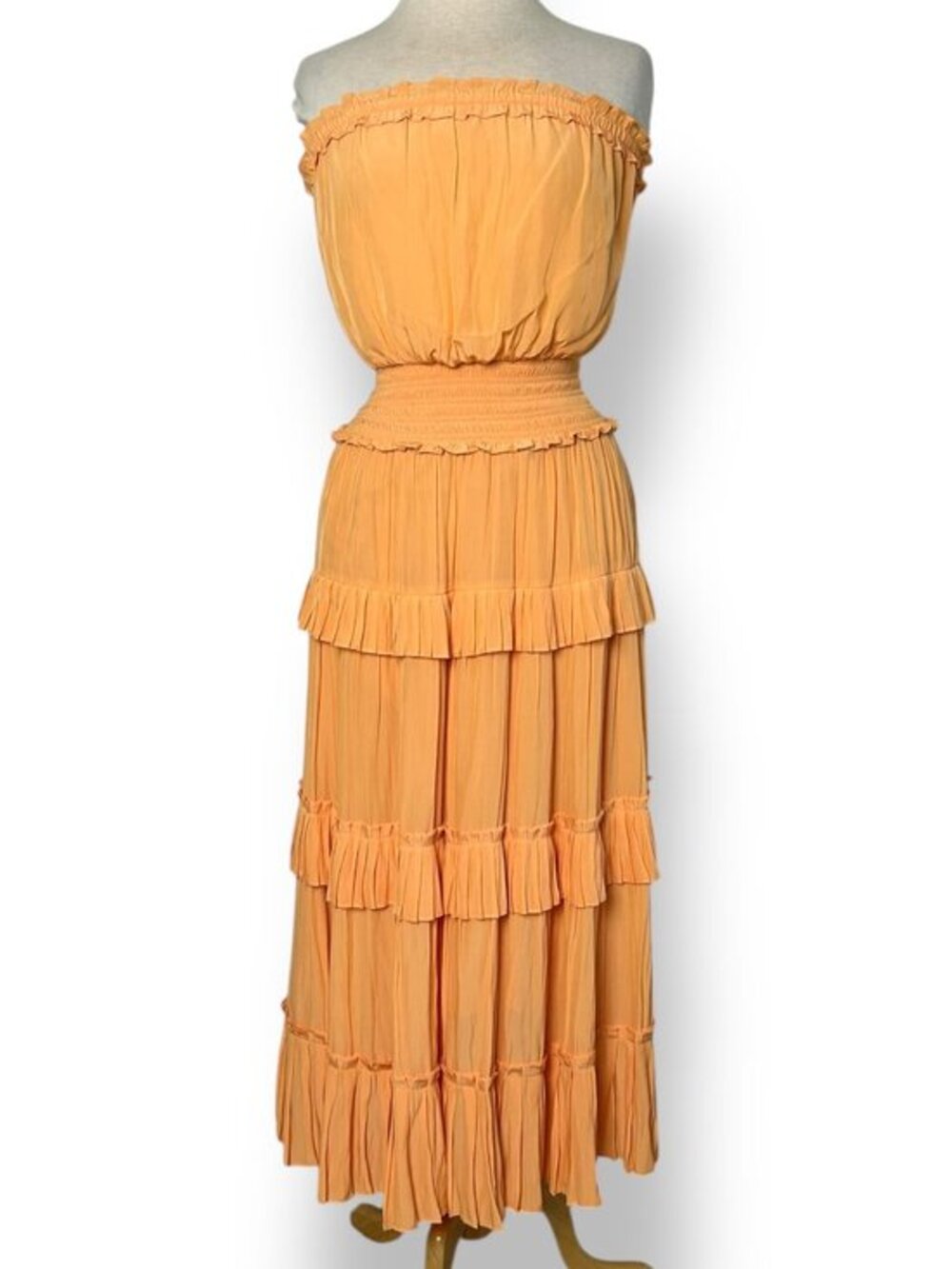 Ramy Brook Natalie Midi Dress Strapless Tiered Ruffles Orange Size XXS